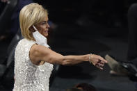 Former Baylor coach Kim Mulkey, now at LSU, points to someone in the audience at the 2020 Basketball Hall of Fame awards tip-off celebration and awards gala, Friday, May 14, 2021, in Uncasville, Conn. (AP Photo/Kathy Willens)