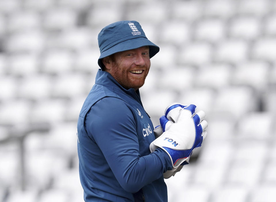 Britain's Jonny Bairstow smiles during a nets session at Headingley, Leeds, England, Wednesday, July 5, 2023. (Martin Rickett/PA via AP)