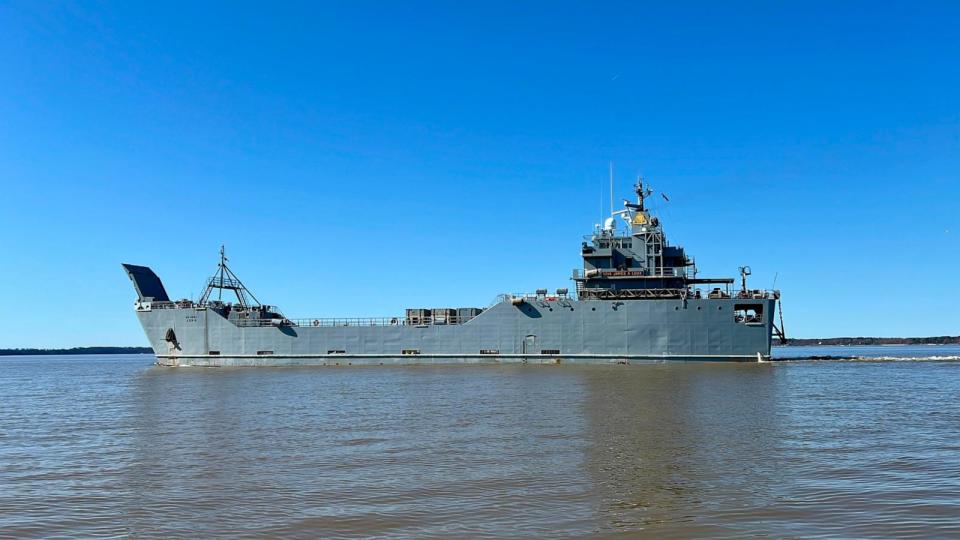 PHOTO: The SP/4 James A. Loux deploys to the Mediterranean Sea from Newport News, Virginia, Mar. 12, 2024. (Anne K. Flaherty)