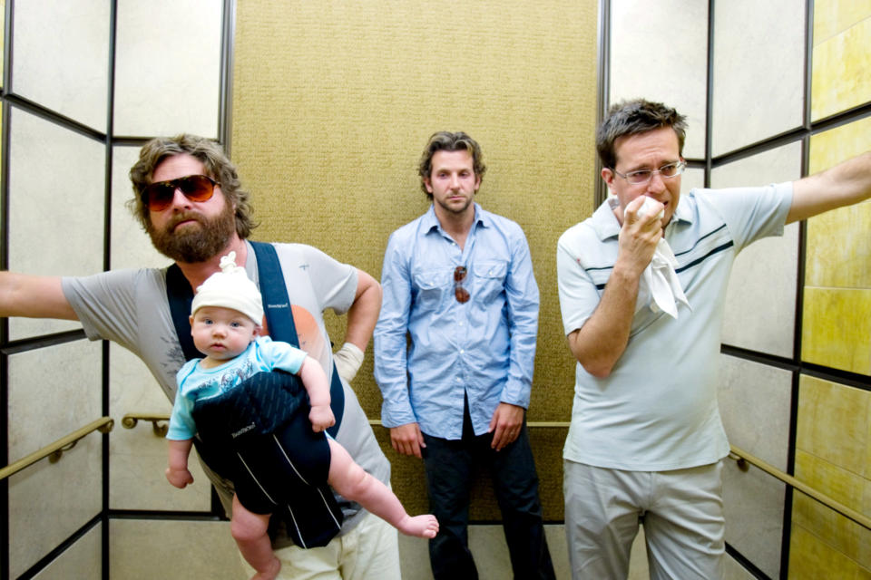 Zach Galifianakis, Bradley Cooper, and Ed Helms in The Hangover