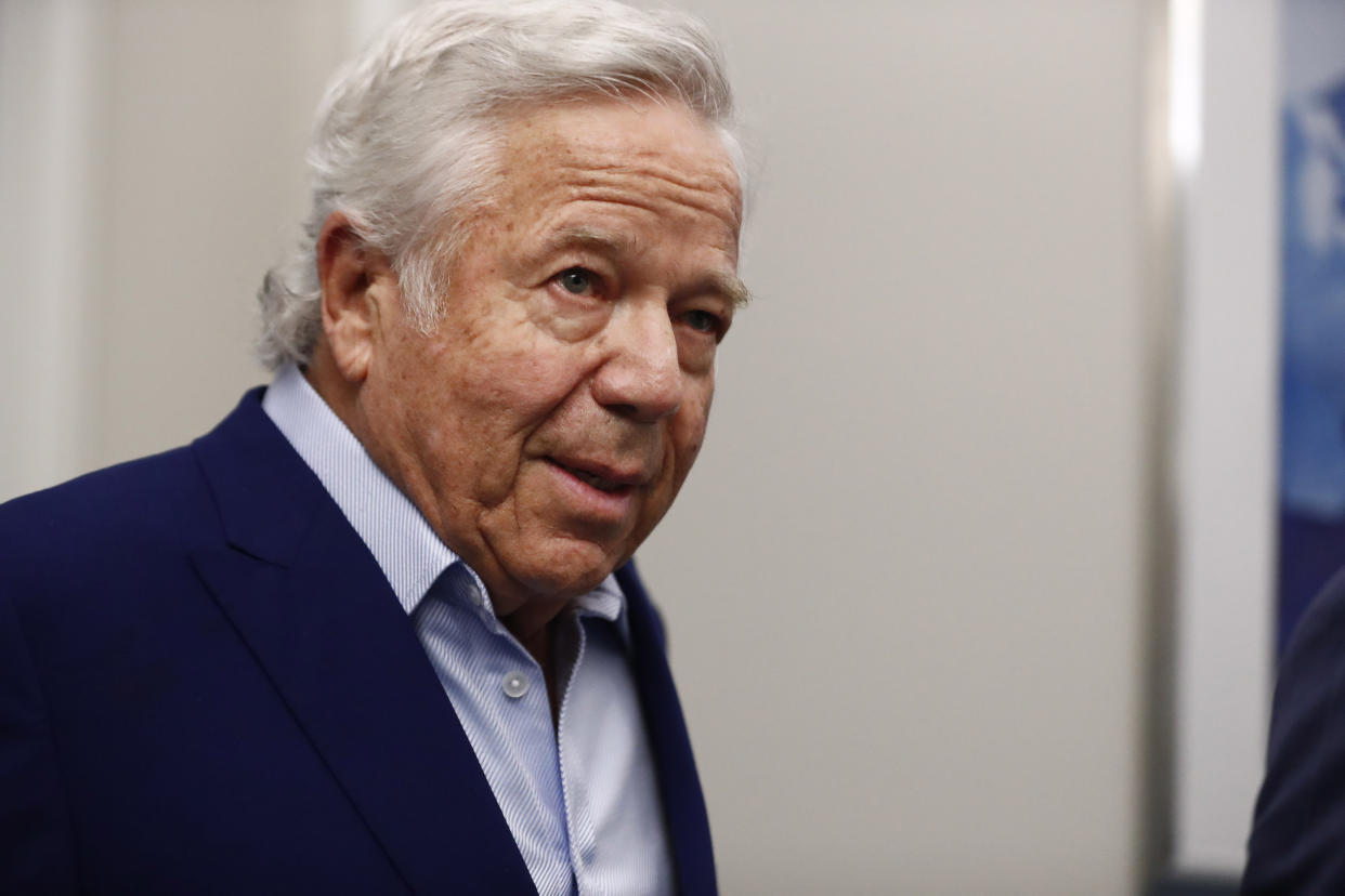 New England Patriots owner Robert Kraft arrives to the NFL football owners meeting on Wednesday, May 22, 2019, in Key Biscayne, Fla. (AP Photo/Brynn Anderson)