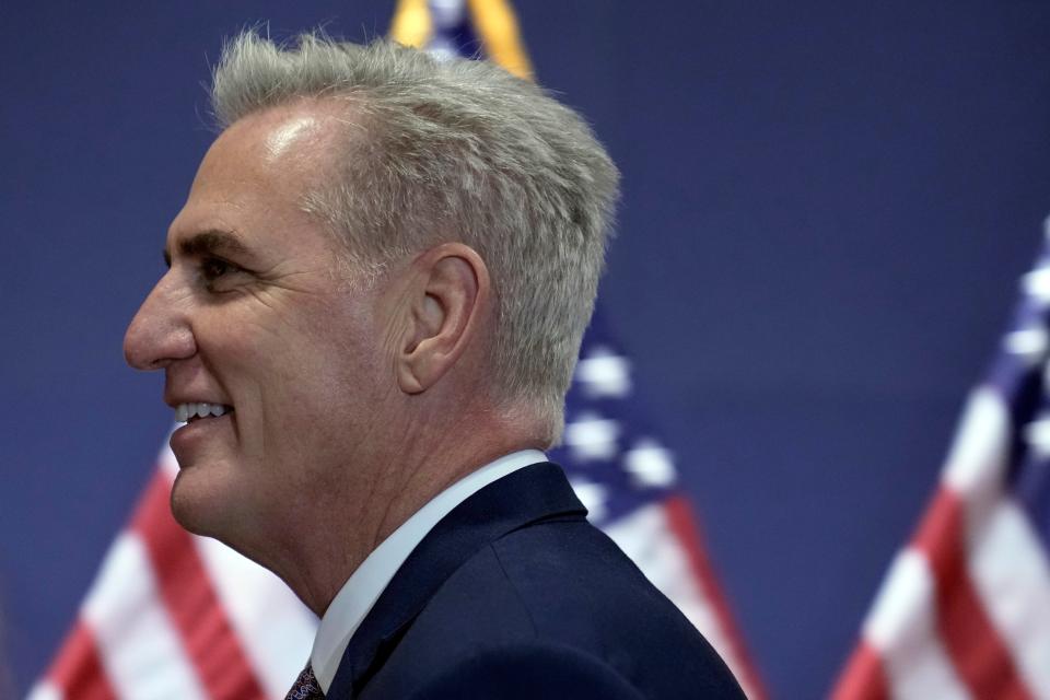 House Minority Leader Kevin McCarthy, R-Calif., arrives as Republicans hold their leadership candidate forum on Capitol Hill, in Washington, Monday, Nov. 14, 2022. (AP Photo/Mariam Zuhaib) ORG XMIT: DCMZ401