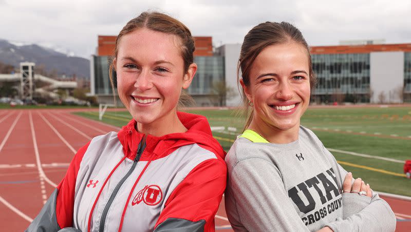 Utah runners Emily Venters, left, and Simone Plourde pose for photos at the University of Utah track in Salt Lake City on Tuesday, April 25, 2023.