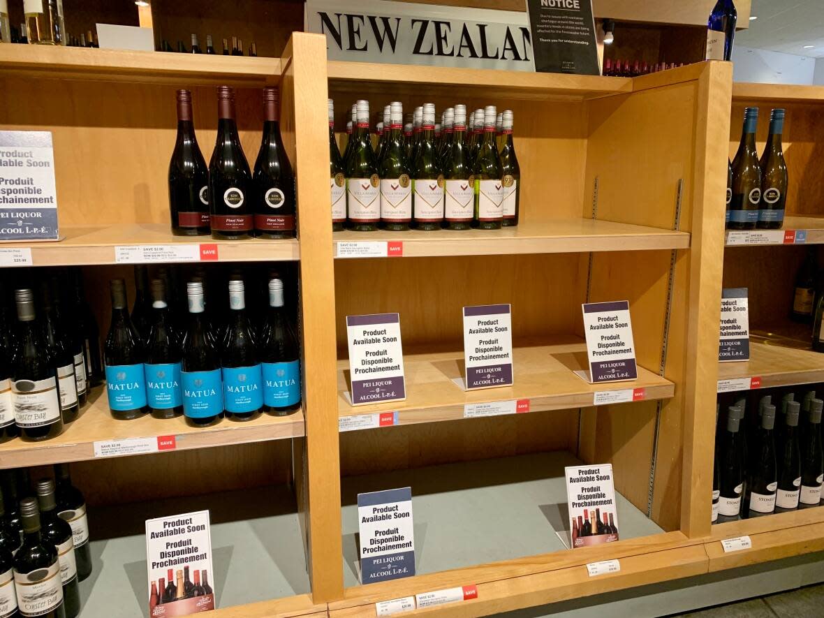 Sparsely stocked shelves are pictured at a Liquor store in Prince Edward Island in 2021. In Saskatchewan, stores are facing stocking issues because of a cyber attack that affected online ordering through the liquor authority. (Maggie Brown/CBC - image credit)