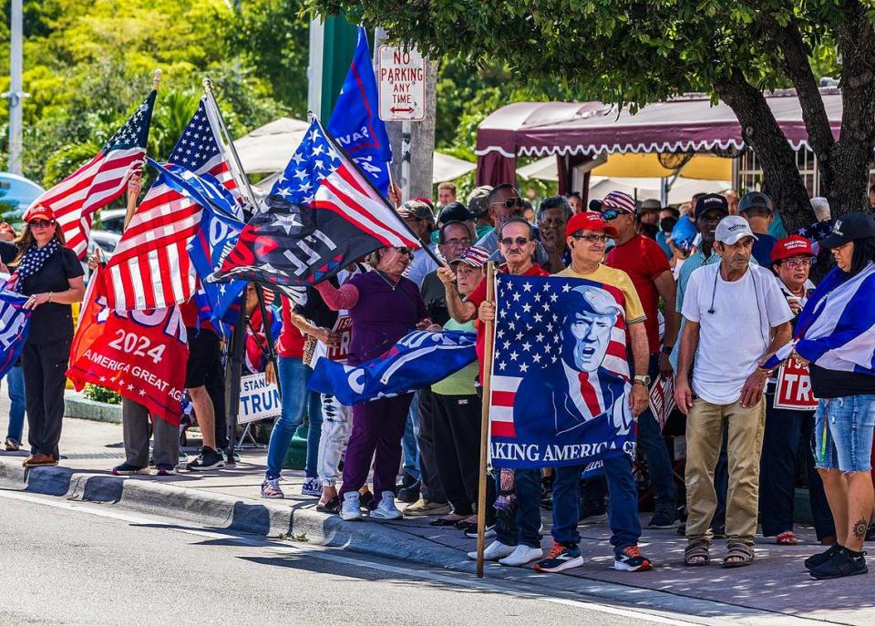 Cuban exiles gather at Versailles restaurant in Little Havana in support of former President Donald Trump, who showed up at the restaurant Tuesday, June 13, 2023, after he was arraigned in federal court in Miami.