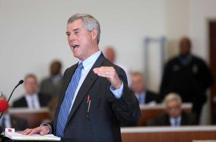 St. Louis County Prosecutor Robert McCulloch didn't let protesters deter him during a speech at St. Louis University law school last month. (AP/Huy Mach) 