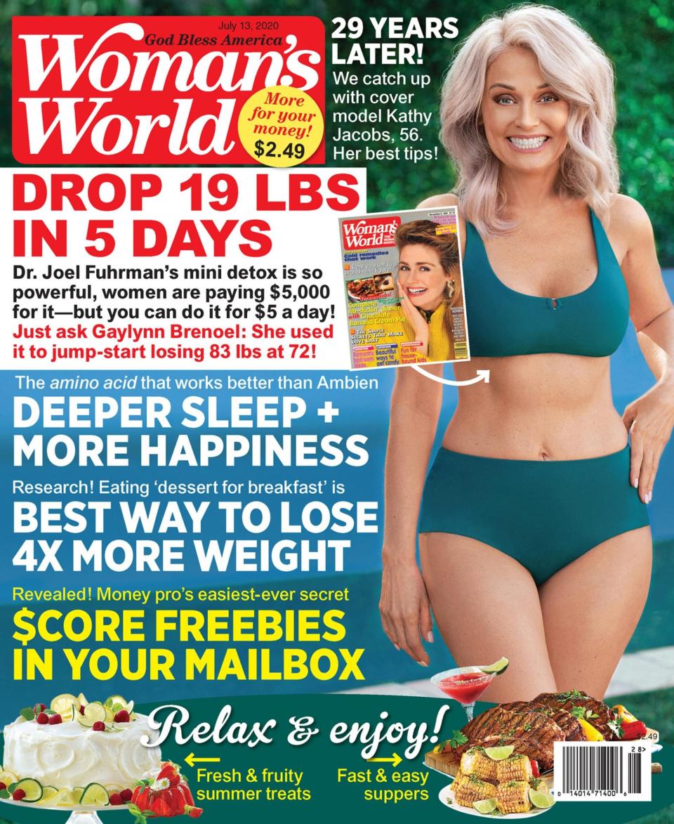 La modelo ha protagonizado la portada del 13 de julio de Woman's World, revista en la que apareció hace 29 años al inicio de su carrera. (Foto: <a href="https://www.womansworld.com/" rel="nofollow noopener" target="_blank" data-ylk="slk:Woman's World;elm:context_link;itc:0;sec:content-canvas" class="link ">Woman's World</a>)