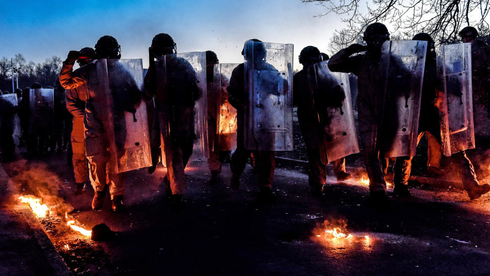 Image shows Officer Cadets from the Royal Military Academy Sandhurst (RMAS), carrying out public order exercises as part of their training (Picture: UK MOD/Crown 2019)