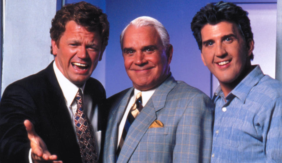 Higgins as Letterman, Rich Little as Johnny Carson and Roebuck as Leno in 'The Late Shift' (Photo: Courtesy Daniel Roebuck)