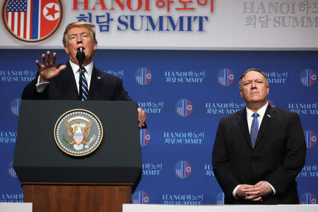 U.S. President Donald Trump holds a news conference next to Secretary of State Mike Pompeo after his summit with North Korean leader Kim Jong Un at the JW Marriott hotel in Hanoi, Vietnam, February 28, 2019. REUTERS/Leah Millis