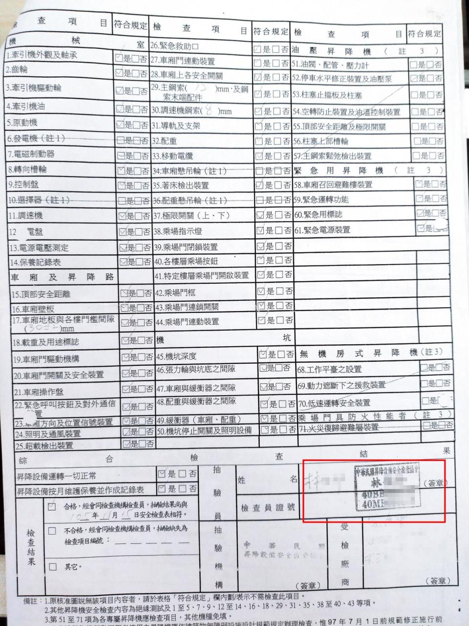 正確的安檢紀錄表必須有人員親簽、親自測量填寫數據。