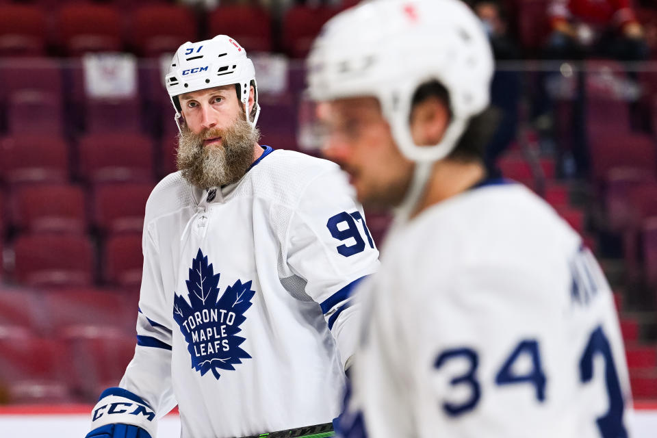 MONTREAL, QC - MAY 29: Look on Toronto Maple Leafs center Joe Thornton (97) during the NHL Stanley Cup Playoffs first round game 6 between the Toronto Maple Leafs versus the Montreal Canadiens on May 29, 2021, at Bell Centre in Montreal, QC (Photo by David Kirouac/Icon Sportswire via Getty Images)