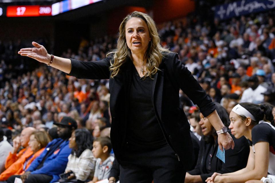 Las Vegas Aces coach Becky Hammon reacts during the first half in Game 3 of the basketball team's WNBA Finals against the Connecticut Sun, Thursday, Sept. 15, 2022, in Uncasville, Conn.