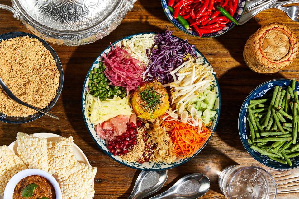 An aerial shot of a salad at Kalaya, a Thai restaurant in Philadelphia.