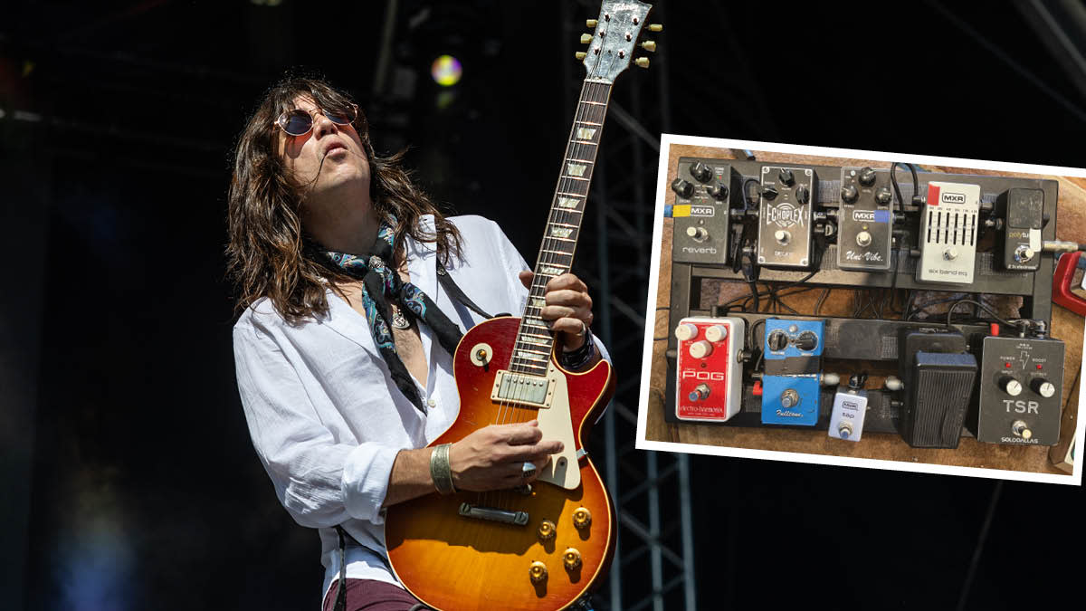  John Notto (left) and his pedalboard 