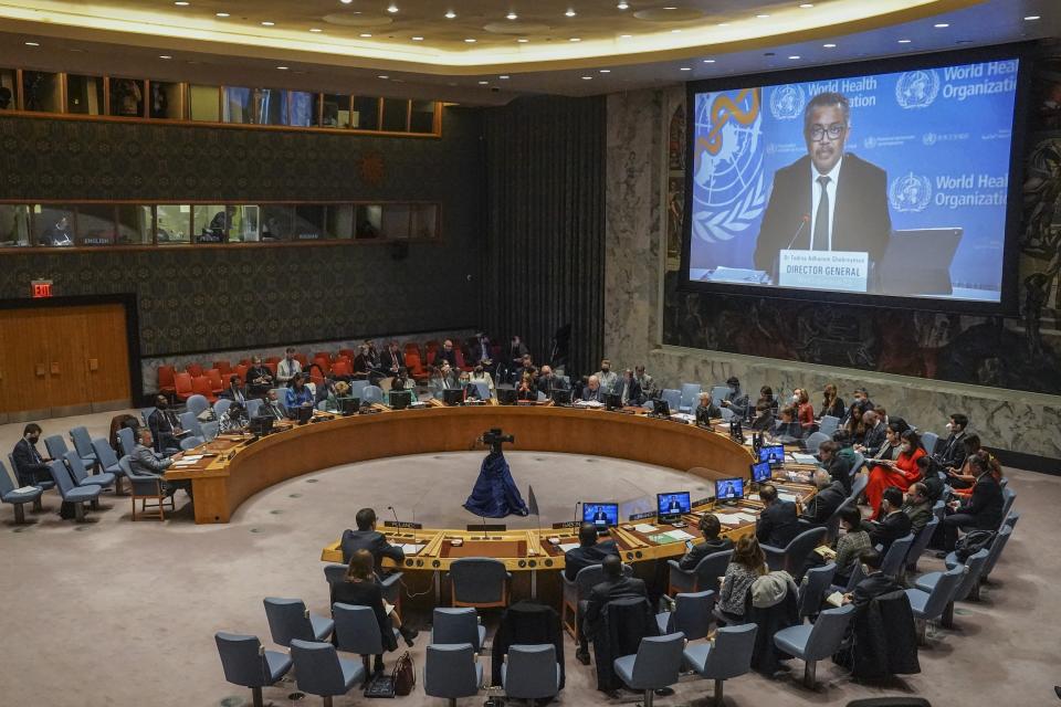 World Health Organization (WHO) Director General Dr. Tedros Adhanom Ghebreyesus report by video on the humanitarian crisis in Ukraine, during a meeting of the United Nations Security Council, Thursday March 17, 2022 at U.N. headquarters. (AP Photo/Bebeto Matthews)