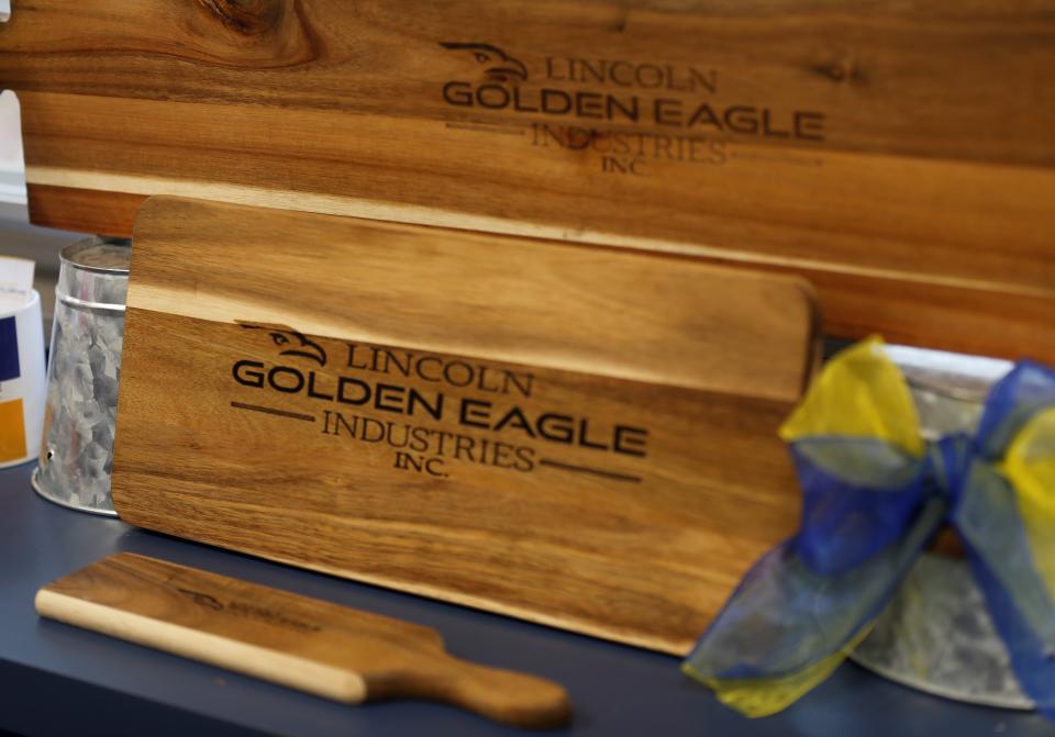 Lincoln Golden Eagle Industries items are on display in the storefront during the grand opening April 13, 2022.