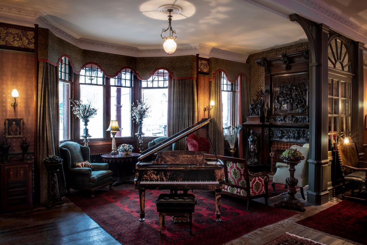 A Steinway piano designed by American artist Mark Bradford is among the piece on display in the lobby of Scotland's The Fife Arms