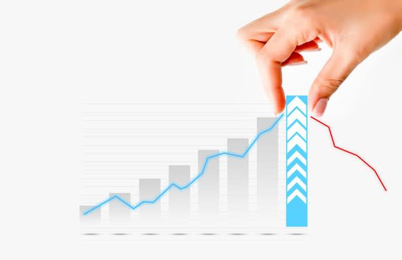 A bar chart with a hand placing a bar