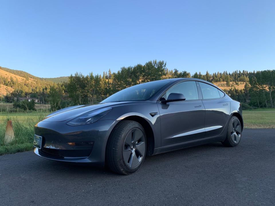 The Tesla Model 3 parked in a neighborhood in Helena, Montana