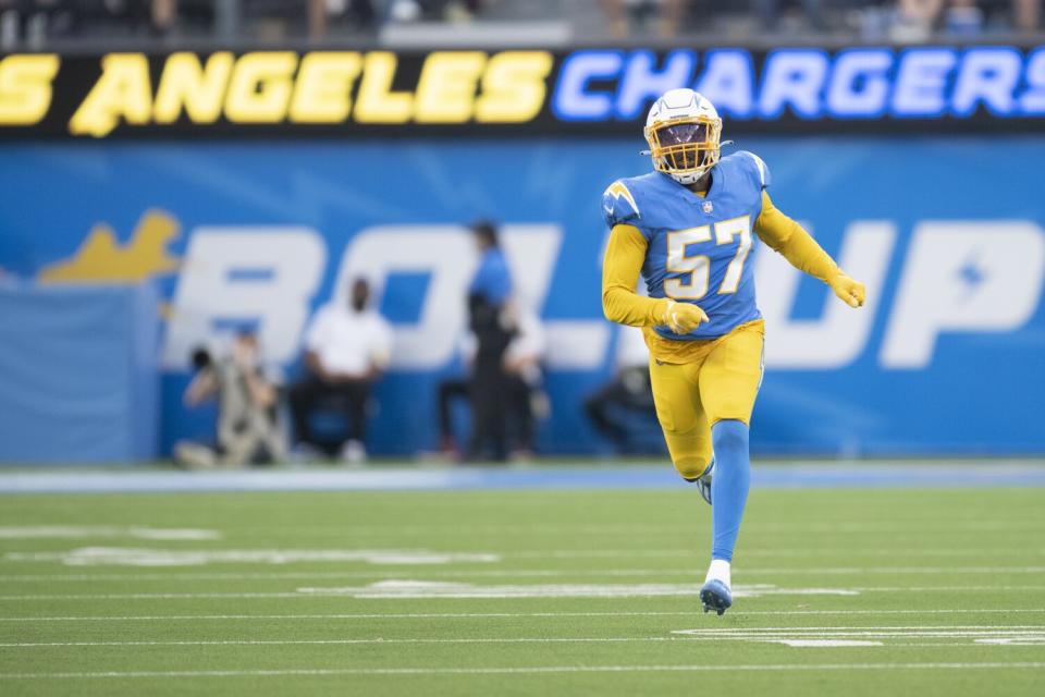 Chargers inside linebacker Amen Ogbongbemiga runs during a game against the Minnesota Vikings in November.