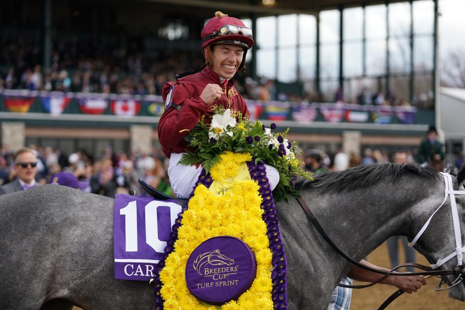 Jockey Tyler Gaffalione was all smiles after guiding Caravel to victory in the Breeders' Cup Turf Sprint at Keeneland. Nov. 5, 2022