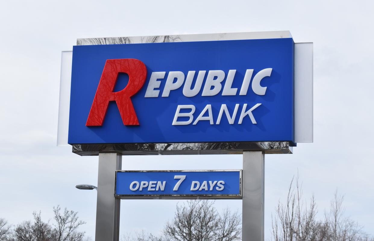 A Republic Bank sign stands outside a Cherry Hill branch.