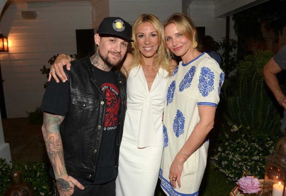 Cameron Diaz pictured with husband Benji Madden and author Vicky Vlachonis (Getty)