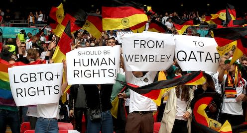   <span class="attribution"><a class="link " href="https://www.alamy.com/germany-fans-hold-up-signs-in-relation-to-lgbtq-rights-during-the-uefa-euro-2020-round-of-16-match-at-wembley-stadium-london-picture-date-tuesday-june-29-2021-image433842084.html?imageid=2D22E758-36BD-4A86-8921-9DF28733CB61&p=309338&pn=1&searchId=c684ec7438b727ae7bde0d5f7c3d7b80&searchtype=0" rel="nofollow noopener" target="_blank" data-ylk="slk:PA Images/Alamy;elm:context_link;itc:0;sec:content-canvas">PA Images/Alamy</a></span>