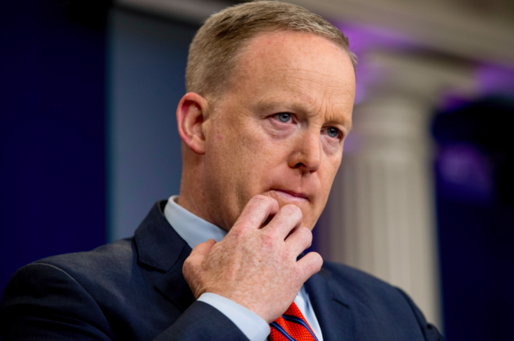 Sean Spicer addresses the press during the briefing in which he made his Hitler gaffe (Picture: AP)