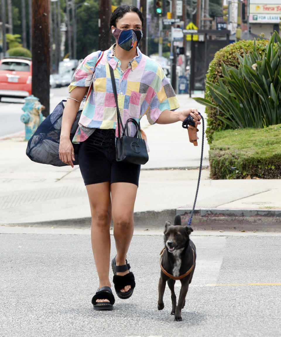 <p>Tessa Thompson runs errands with her dog in L.A. on June 21.</p>