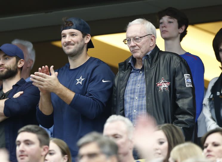 Tony Romo and Jerry Jones, in 2016. (AP)