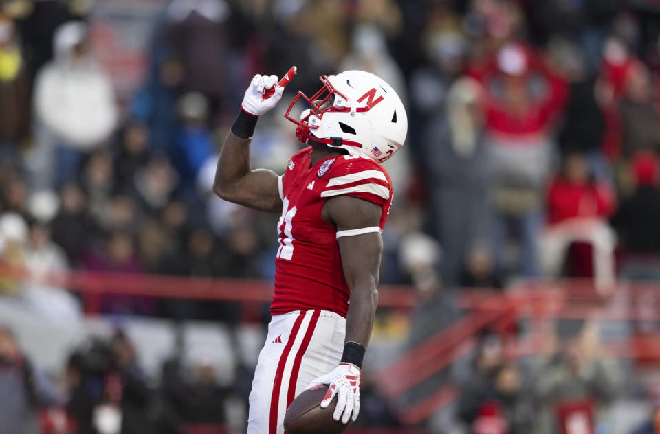 Nebraska's Emmett Johnson reacts after scoring a touchdown against Purdue during the second half of an NCAA college football game Saturday, Oct. 28, 2023, in Lincoln, Neb. (AP Photo/Rebecca S. Gratz)