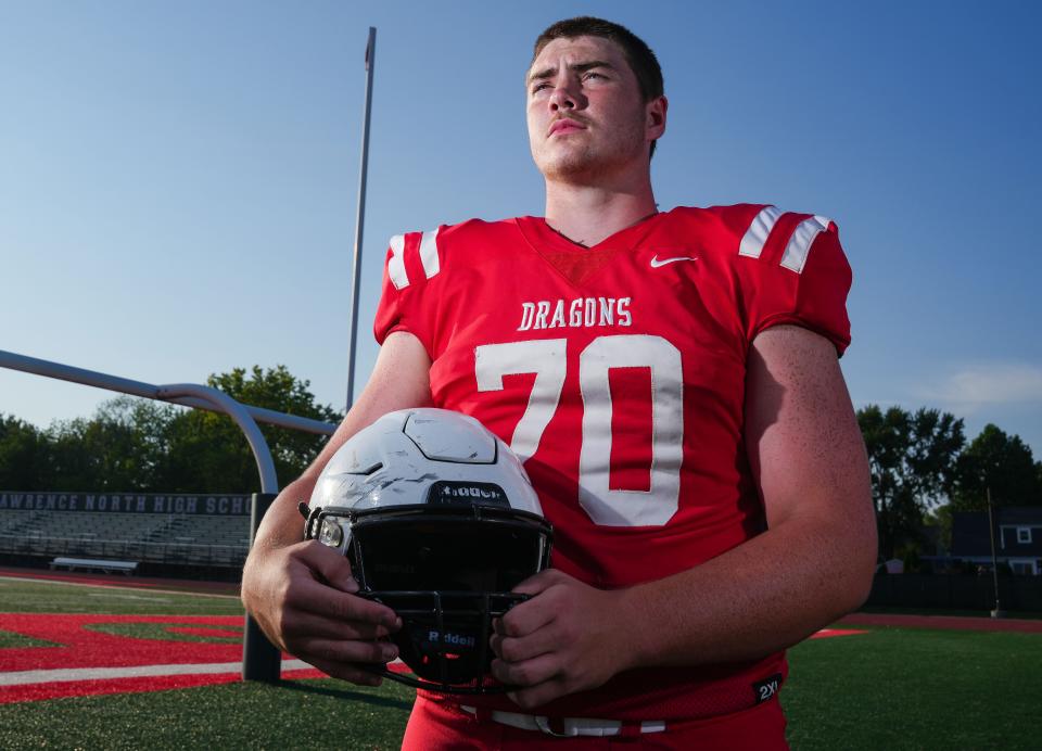 New Palestine's Ian Moore poses for a photo Thursday, August 3, 2023, at Lawrence North High School in Indianapolis.  