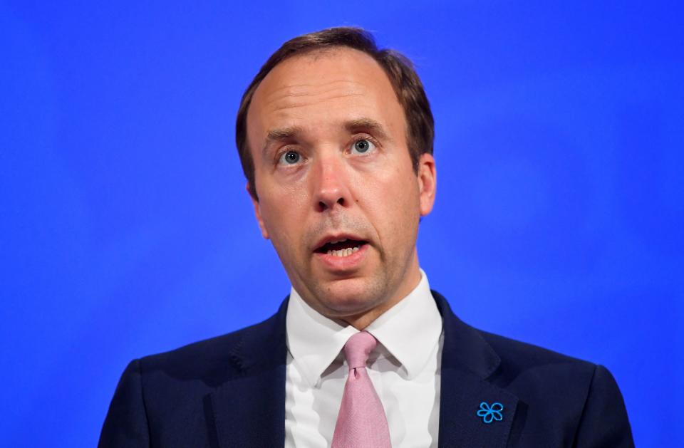 Britain's Health Secretary Matt Hancock gives an update on the coronavirus Covid-19 pandemic during a virtual press conference inside the Downing Street Briefing Room in central London on May 19, 2021. (Photo by TOBY MELVILLE / POOL / AFP) (Photo by TOBY MELVILLE/POOL/AFP via Getty Images)