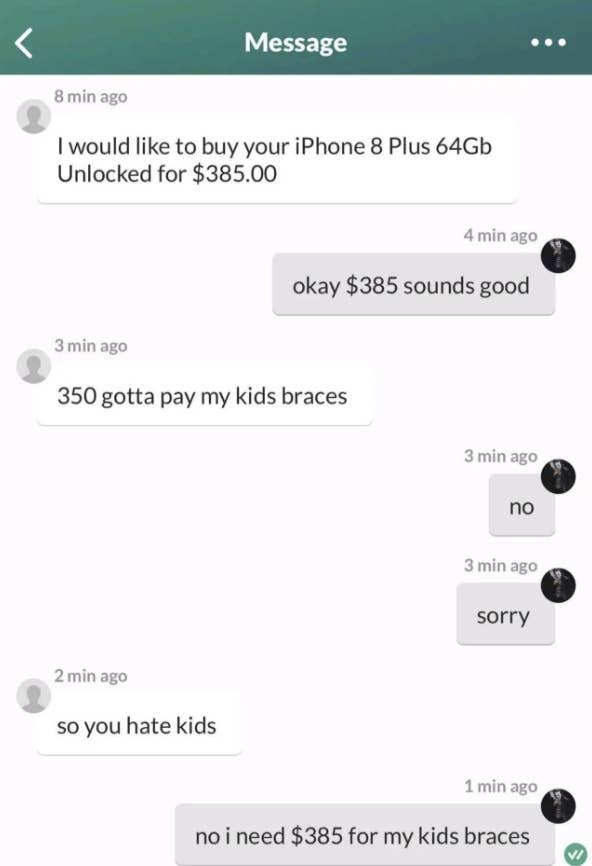 Chat conversation about an iPhone sale. Buyer offers $385. Seller mentions needing $350 for kid's braces. Buyer insists on $385. Seller refuses. Buyer accuses seller of hating kids. Seller clarifies need for $385 for their own kid's braces