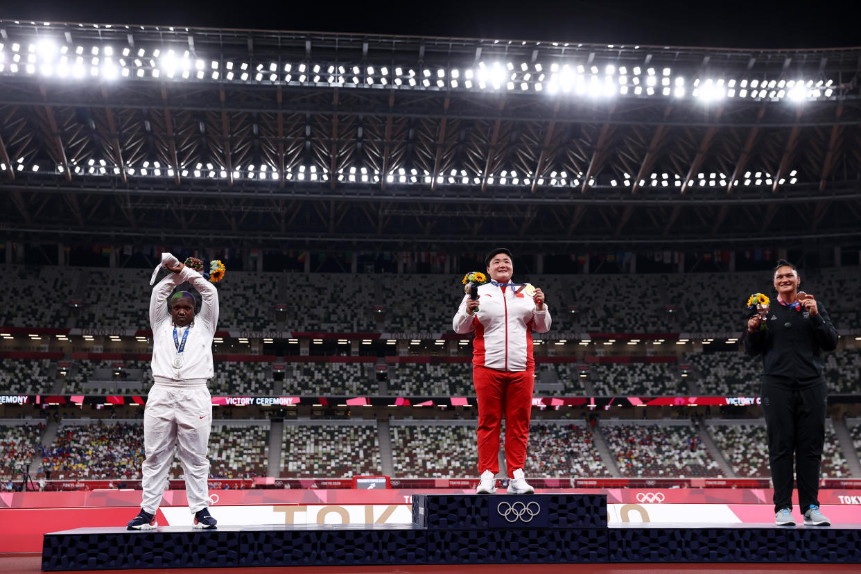 TOKYO, JAPAN - AUGUST 01: (L-R) Silver medalist Raven Saunders of Team United States, gold medalist Lijiao Gong of Team China and bronze medalist Valerie Adams of Team New Zealand pose with their medals during the medal ceremony for the Women's Shot Put on day nine of the Tokyo 2020 Olympic Games at Olympic Stadium on August 01, 2021 in Tokyo, Japan. (Photo by Ryan Pierse/Getty Images)