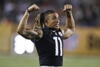 Pittsburgh Steelers wide receiver Chase Claypool celebrates after a four-yard touchdown run by running back Kalen Ballage during the second half of the Pro Football Hall of Fame NFL preseason game, Thursday, Aug. 5, 2021, in Canton, Ohio. (AP Photo/Ron Schwane)