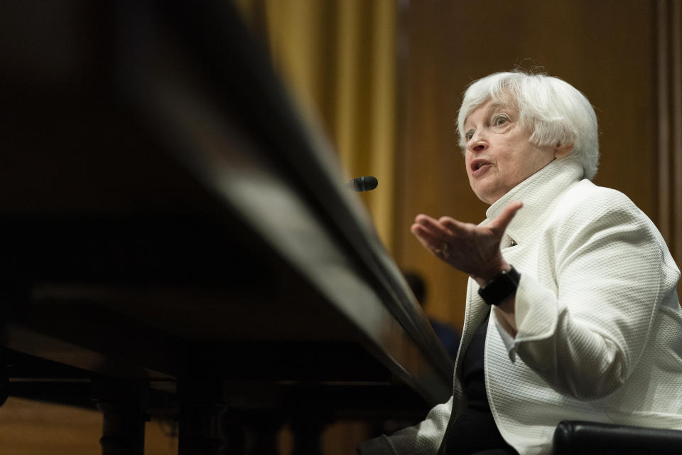 Department of the Treasury Secretary Janet Yellen testifies during a Senate Finance Committee hearing to examine President Joe Biden's proposed budget request for fiscal year 2023, on Capitol Hill, Tuesday, June 7, 2022, in Washington. (AP Photo/Manuel Balce Ceneta)