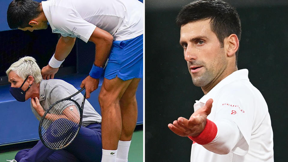 A 50-50 split image shows Novak Djokovic attending to a line judge at the US Open on the left, and a picture of him during the French Open on the right.