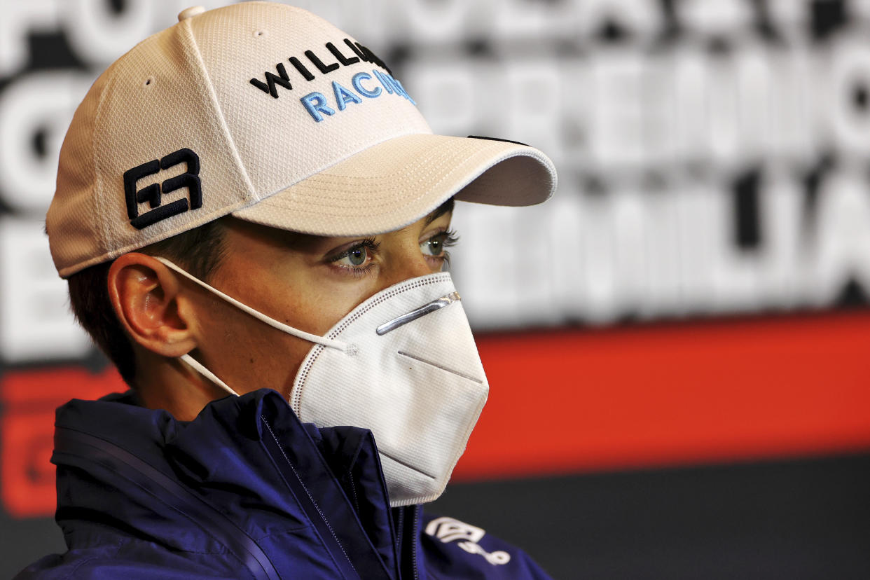 Williams driver George Russell of Britain attends a press conference ahead of Sunday's Emilia Romagna Formula One Grand Prix, at the Imola track, Italy, Friday, April 16, 2021. (Xpbimages/Pool via AP)