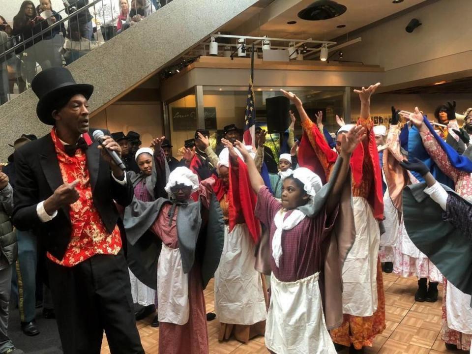 Members of the Tryon Palace Jonkonnu Troupe perform “Wade In the Water” at the 17th Annual African American Cultural Celebration held Saturday, Jan. 27, 2018, at the N.C. Museum of History in Raleigh, N.C. They will perform Jan. 26.