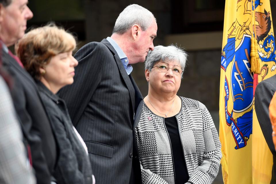 Gov. Phil Murphy, left, speaks with New Jersey Department of Transportation Commissioner Diane Gutierrez-Scaccetti during a press conference announcing that the Raritan Valley Line's partial "one-seat ride" to New York during off-peak hours is being restored on Monday, Oct. 14, 2019, in Westfield. 