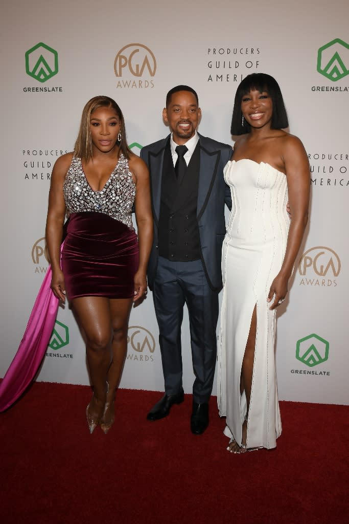 Will Smith, Serena and Venus Williams attend the 2022 Producers Guild of America Awards at the Fairmont Century Plaza in Los Angeles on March 19, 2022. - Credit: Michael Buckner for Variety