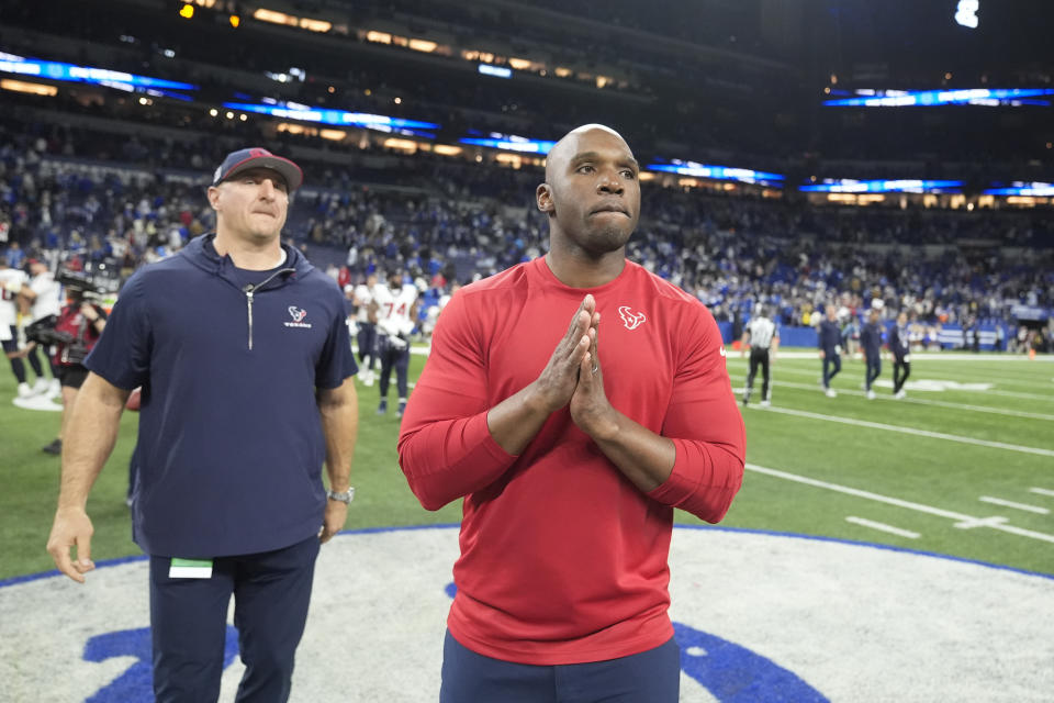 Houston Texans head coach DeMeco Ryans walks off the field after a win over the Indianapolis Colts in an NFL football game Saturday, Jan. 6, 2024, in Indianapolis. (AP Photo/Michael Conroy)
