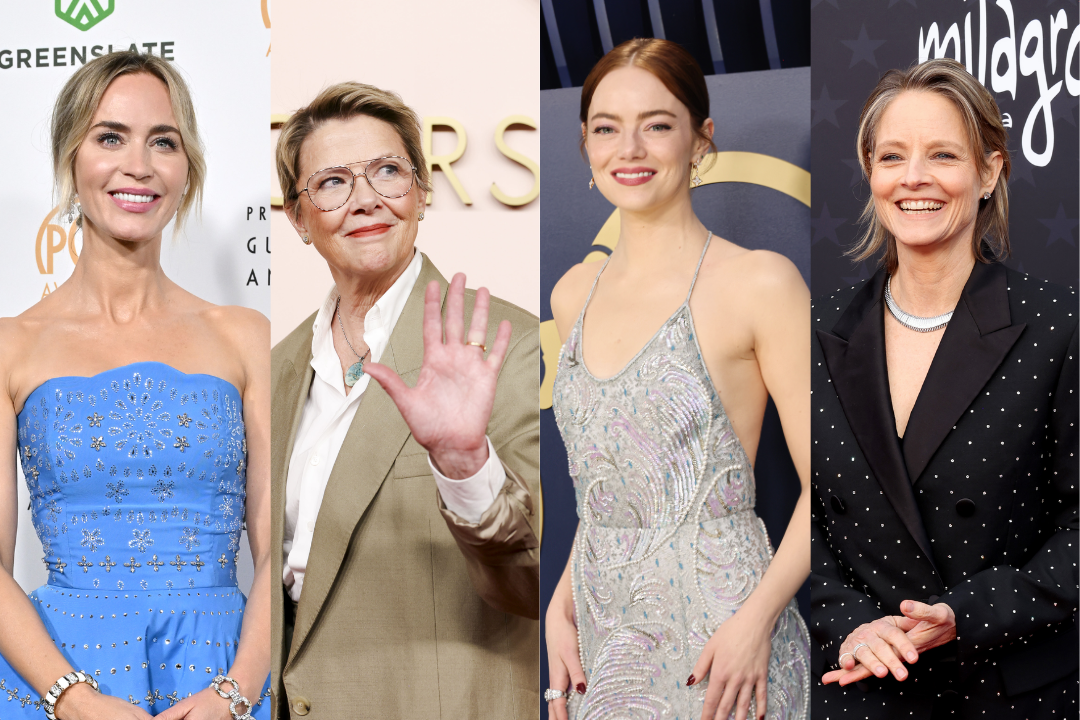 2024 Oscars nominees (left to right) Emily Blunt, Annette Bening, Emma Stone and Jodie Foster are seen in recent red carpet looks. But what did they wear to their first ever Academy Awards appearances? Take a look at these throwbacks. (Images via Getty)