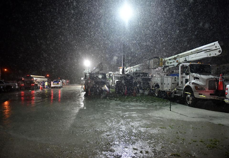 Power company crews from across the state and out of state are staging at the Sarasota Fairgrounds, in Sarasota, Florida on Tuesday night, July 6, 2021.