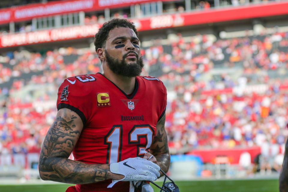 Tampa Bay Buccaneers wide receiver Mike Evans (13) leaves the field during a NFL football game against the Buffalo Bills, Sunday, Dec.12, 2021 in Tampa, Fla.