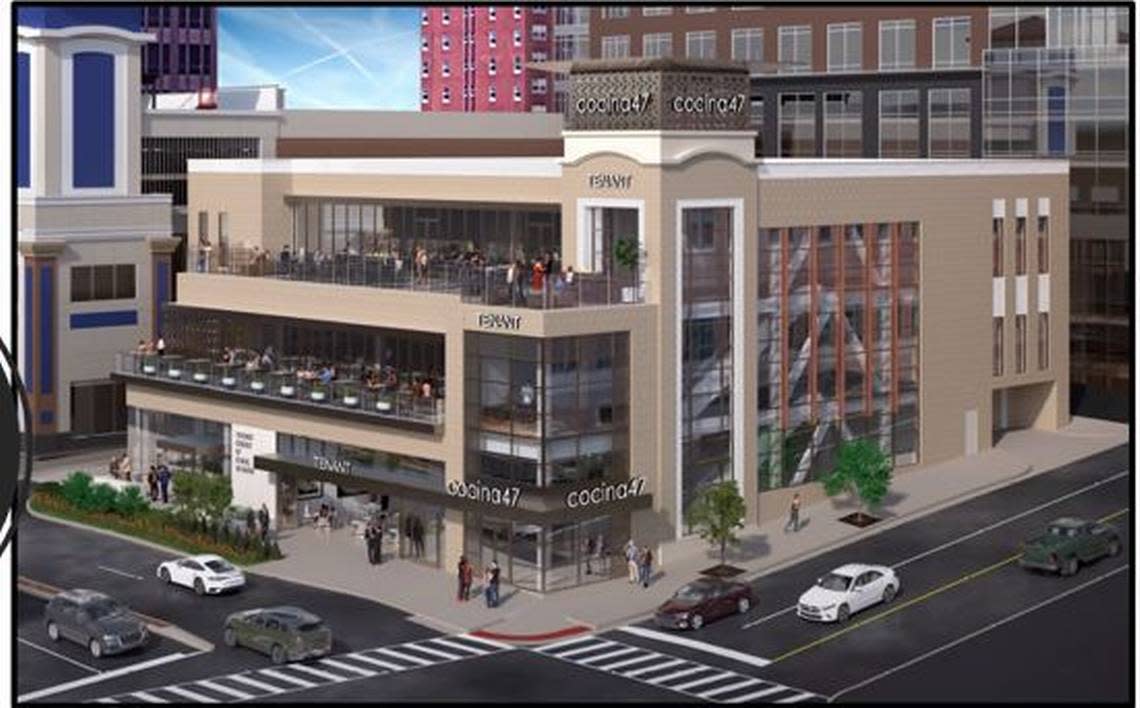 This rendering shows the latest plans for Cocina47, a three-story restaurant development that will replace the Seventh Church of Christ, Scientist near the Country Club Plaza. Contributed image