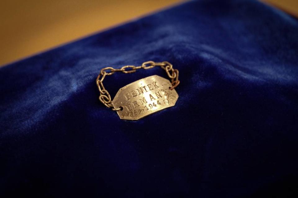 Ben Farien is believed to have made the bracelet while working as a metalworker at the Blechhammer camp. Engraved on the bracelet is his name, mother’s maiden name and identification number.